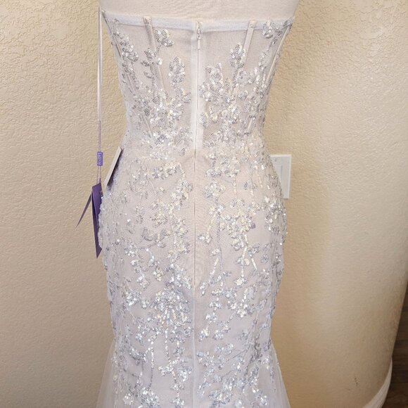 French White Strapless Sequin Corset Formal Mermaid Wedding Dress 4 - Picture 8 of 8